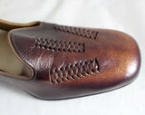 Size 9 60's Shoes - Unworn Mod 1960s Leather Pumps - 9 AA Narrow - Dark Brown Herringbone Woven Leather Shoe - Fall Autumn NOS 60s Deadstock