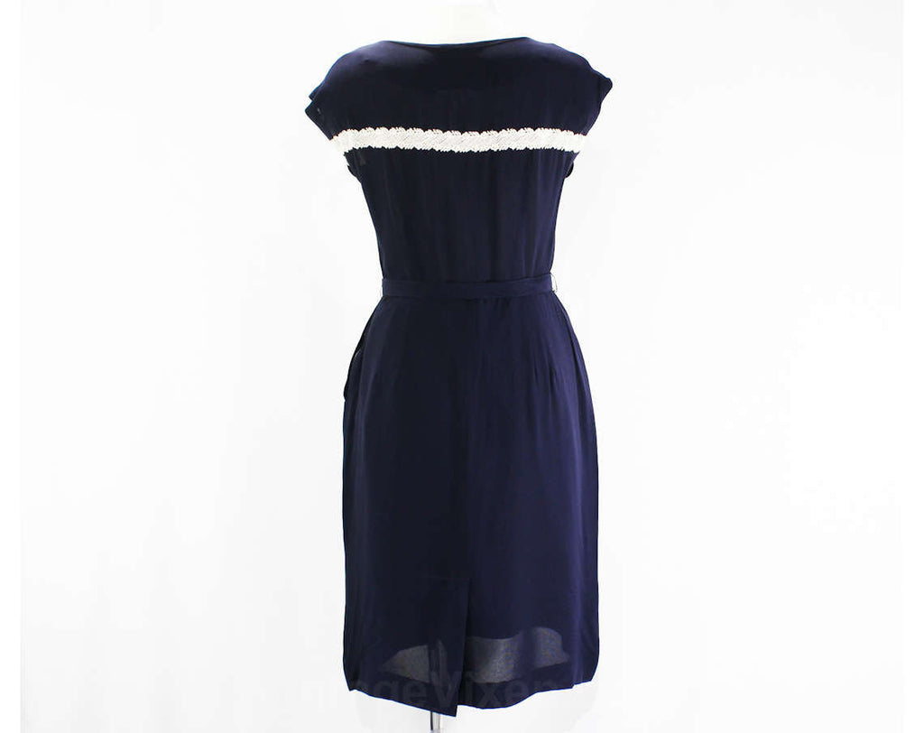 1950s navy blue dress 1950s Navy Short Sleeve Blue Dress With Velvet Collar Detail, Large Ian Drummond Vintage
