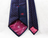 1970s Navy & Red Tie by Oleg Cassini - Dark Blue Men's Necktie - Diagonal Polka Dot Polyester Brocade - 70s Designer Men's Business Wear