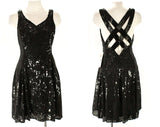 Size 8 Black Cocktail Dress - 1990s Black Beads Sequins & Silk - Bias Cut Flirty Flare Skirt - Criss Cross Back Neckline - NWT Deadstock