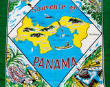 1950s Panama Souvenir Scarf - Tourist Map Central America - As Is 50s 60s Rayon Novelty Print - Glitter Applied Scenes - Red Blue Green