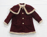 Size 6 Girl's Winter Coat - Victorian Inspired Burgundy Overcoat - Child's Size Retro Tailored Outerwear - Faux Fur with Shoulder Cape