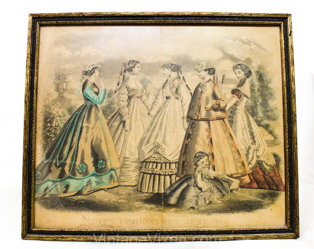 Framed Victorian Fashion Plate - Godey's Ladies Book Hand Colored Picture with Gilt Wood Frame Dated 1867 - Authentic 1860s Not Reproduction