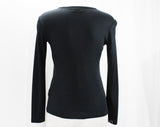 Size 4 Vintage Auto Shirt - 1970s Small Long Sleeved Black Jersey Knit Top - Old Fashioned Antique Sequined Car Automobile - Bust 33 - 24313