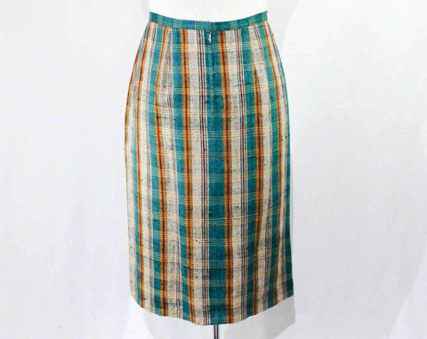 Size 12 Silk Skirt - 1990s Teal Blue Red Mustard Stripe - Beautiful Boutique Style 80s 90s Office Skirt - Oatmeal & Black - Waist 30 - 48531
