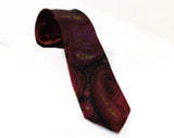 Men's 50s Paisley Necktie - Plum Purple Skinny Tie - 1950s Classic Preppy - Elegant Spring Mid Century Design - Aubergine Chartreuse Black