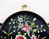 Asian Bird Evening Purse - 60s 70s Formal Handbag - Beautiful Embroidery - Fine Black Satin Bag with Shoulder Strap - Turquoise Pink Orange