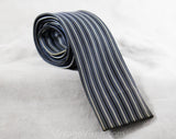 Rockabilly Men's Skinny Tie - Blue Striped Square End Necktie - 1950s 60s Denim Blue & White Woven Satin Pinstripes - Vertical Pin Stripes