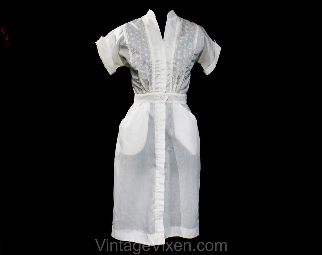 Size 4 Nurse Uniform Dress - Small 1950s 60s White Diner Style Dress - Short Sleeved Summer Sheer Nylon - Perky Pin Up Girl - Waist 25