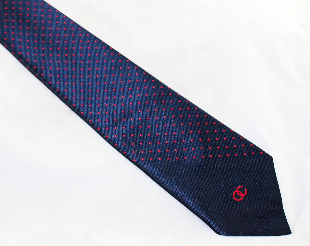 1970s Navy & Red Tie by Oleg Cassini - Dark Blue Men's Necktie - Diagonal Polka Dot Polyester Brocade - 70s Designer Men's Business Wear
