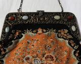 Victorian Inspired 1930s Purse - Peach Gray Black Floral Needlepoint Bag - Cutwork Metal & Stone Cabochons - Antique Look 20s 30s Handbag