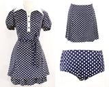 Size 6 Mini Dress - 1960s Dollybird Polka Dot Dress - Cute 60s Go Go Girl - Navy Blue & White Knit with Matching 60s Panty, Belt, Skirt Set