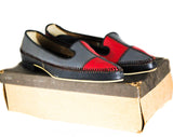 Size 9 Mod 1960s Patchwork Leather Pumps - Unworn Shoes - Red Gray & Black Stitched Color Block Patches - 50s 60s Secretary Deadstock NIB