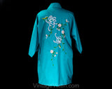 Size Medium Asian Robe - 1960s 70s Turquoise Kimono Style Lounge - Vivid Blue with Metallic Gold Embroidery - Far East Flowers - Bust to 44