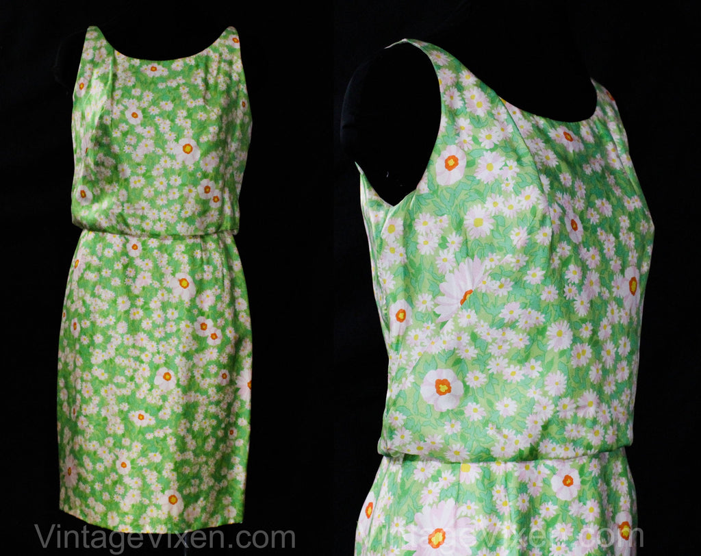 Size 4 Sun Dress - 1960s Spring Green Floral Silk Summer Blouson - Pretty Pink Daisy Floral Sleeveless - Late 50s Early 60s Small - Waist 25