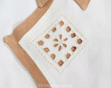 Girls 1930s Romper Top - Size 3T Authentic 30s Child's Linen Shirt - Cocoa Brown & White Short Sleeve Summer Blouse with Cutwork - Chest 26