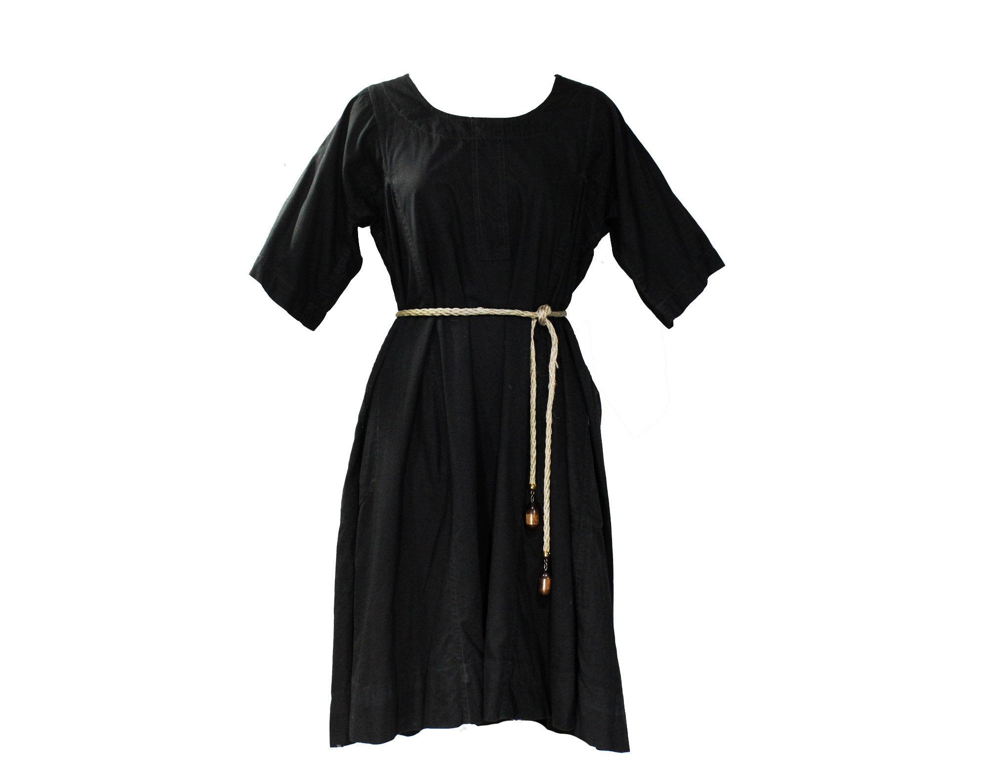 Size 12 Black Hippie Dress - Large 1970s Bohemian Cotton Tunic with Br Vintage Vixen Clothing Size 12 Black Hippie Dress - Large 1970s Bohemian Cotton Tunic with Br Vintage Vixen Clothing