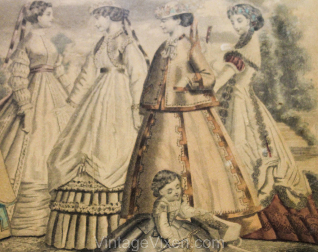 Framed Victorian Fashion Plate Godey s Ladies Book Hand Colored