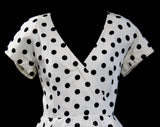Size 10 Polka Dot Dress - Designer Guy Laroche 1950s Inspired Summer Party Cocktail - Black & White Cotton with Peplum Tier Skirt - Waist 28