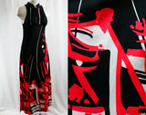 Size 6 Summer Dress - 70s Black & Fluorescent Abstract Print - 1970s Sun Dress - Sexy Cutout Back - Stretchy - Bust 33 to 35 - 42959