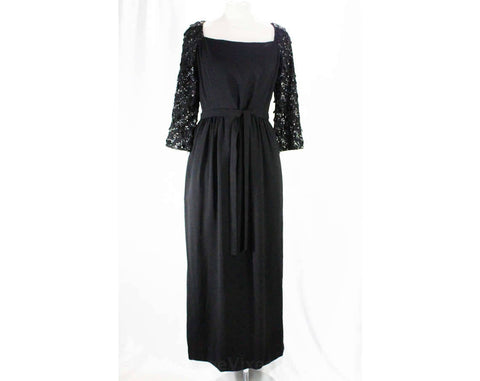 Size 10 Black Formal Dress - 60s Evening Gown with Beaded Sleeves - Beautiful Elegant 1960s Crepe with Sequins & Dangling Beads - Bust 40