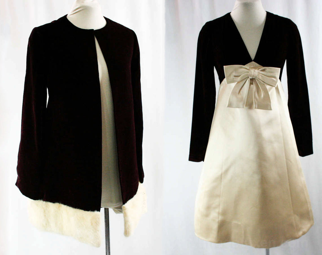 Size 4 Sarmi Dress & Fur Trimmed Jacket - Burgundy Silk Velvet - Champagne Silk Satin - Sumptuous Couture Designer - Posh 1960s Evening