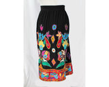 XL 1980s Bohemian Skirt - Black Boho Hippie Plus Size with Vivid Appliques Sequins & Mirrors - 80s 90s Fiesta - Size 20 22 - Waist up to 42