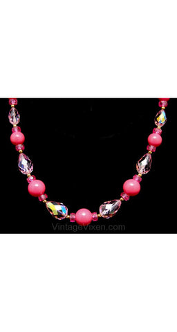 Pretty in Pink 1950s Cut Glass & Beads Necklace - Spring - Pink - 50s - Day To Evening - Aurora Borealis - Rhinestones - Glamour - 38417-1