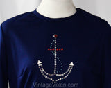 Size 10 Maxi Dress - 1970s Nautical Style Navy Blue Long Sleeved Sheath - 70s Sailor Anchor Rhinestones & Studs - Red White Blue - Bust 37