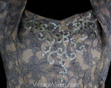Size 10 Cocktail Dress - As Is 50s Lace Dress with Sequins & Beadwork - Fairytale 1950s Periwinkle Blue Lace Pink Taffeta - Waist 28 - 50771