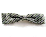 1950s Men's Bow Tie - Classic Green Gray & Black Mens 50s Striped Bowtie - Diagonal Striped Mid Century Clip On Skinny Tie