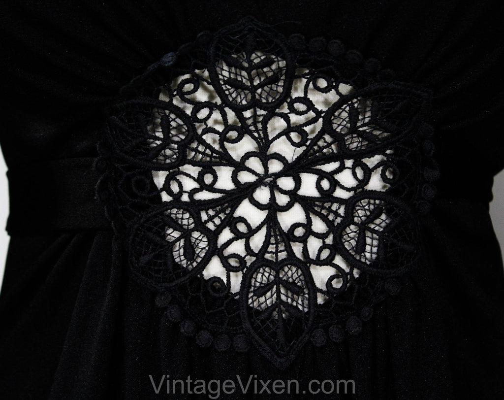 Size 6 Hippie Black Dress - Bohemian 70s Polyester Knit with Peek A Bo Vintage Vixen Clothing Size 6 Hippie Black Dress - Bohemian 70s Polyester Knit with Peek A Bo Vintage Vixen Clothing
