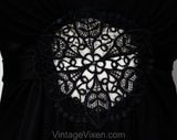 Size 6 Hippie Black Dress - Bohemian 70s Polyester Knit with Peek A Boo Bare Midriff Waist Medallion - Slit Long Angel Sleeve - Bust 33.5