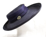 1950s Navy Wide Brim Hat - Chic Dark Blue Faux Straw with Tulle & Goldtone Leaves - Spring Summer Millinery 50s Cartwheel Picture Hat