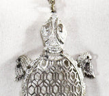 Turtle Pendant Necklace - 1970s Large Animal Novelty Jewelry - Cute Aquatic Reptile - Flexible Moving Parts - 70s Silver Hue Metal - 50639