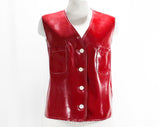 Size 12 Brick Red Vest - Large 1960s Mod Futurist Wet Look Vinyl - 60s Sleeveless Fad Button Front Tunic - White Top Stitching - Bust 38