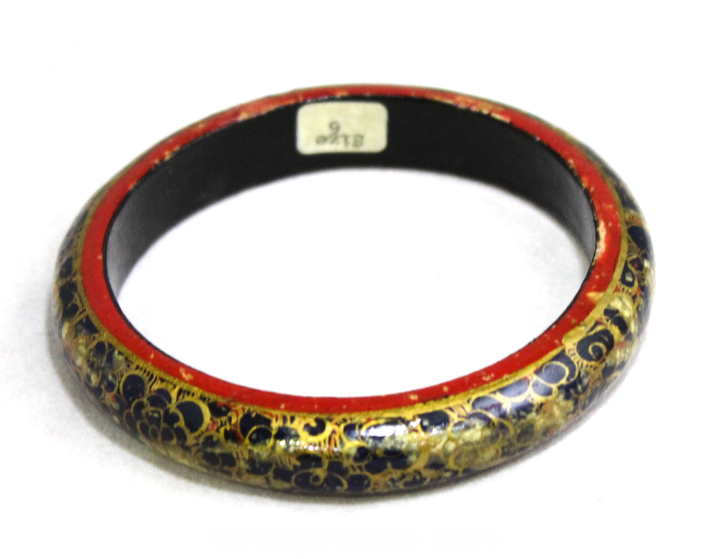 Asian Bangle Bracelet - Hand Painted Dragon Scales Flowers - Faux Cloisonne - Navy Gray Red Gold Brilliant Artisan Skills - Eastern - 50445
