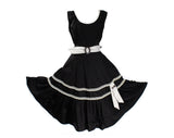 Size 8 1950s Sun Dress - Black Cotton Sleeveless Fit & Flare Peasant Frock - Button Accents - Gray Ivory Trim - Monochrome Pin Up - Waist 27