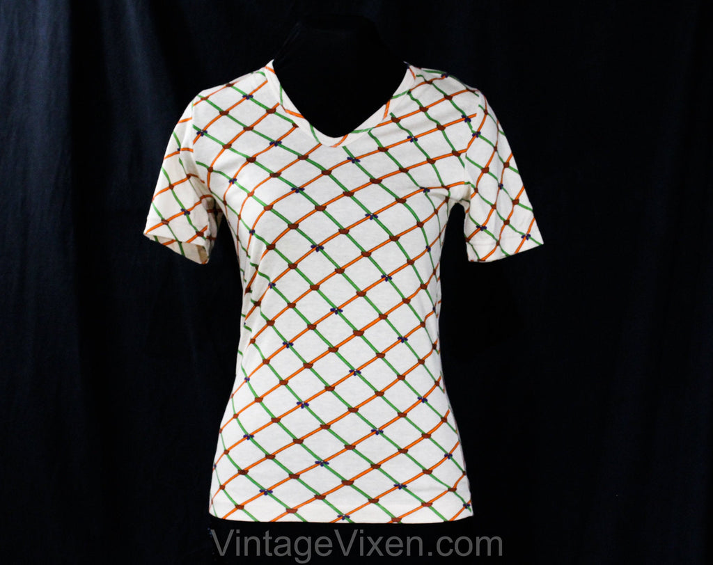 XXXS 1970s T Shirt - Khaki Lattice Print Geometric Cotton Jersey Knit Tee - Girls Size 10 to 12 - Top Quality Made in Italy - Bust 32