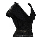 Size 10 Black 1950s Dress - Elegant New Look Cotton 50s Full Skirted with Shawl Lapel - Mid Century Chic by Georgette Trilere - Waist 28