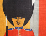 London 60s Linen Towel - 1960s Novelty Print Royal Guard - Orange Navy Blue Black - Pigeons - British England Souvenir Textile - Irish Linen