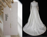 Size 8 Wedding Dress - Lovely 1960s Empire Satin Bridal Gown with Strewn Roses Embroidery - 60s New Old Stock - NWT - 200 Dollar Tag - 36369