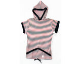 Small Striped Shirt with Hood - 1970s Short Sleeve Hooded Top - Navy Blue Red & White - Ladies 2 to 6 - Teen Girls 14 16 - NWT 70s Deadstock