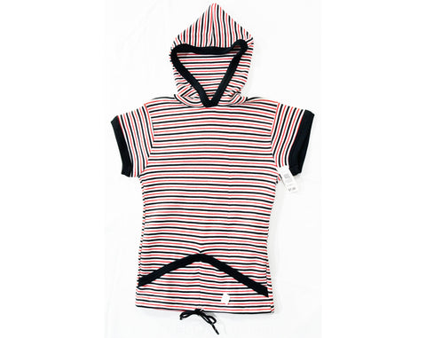 Small Striped Shirt with Hood - 1970s Short Sleeve Hooded Top - Navy Blue Red & White - Ladies 2 to 6 - Teen Girls 14 16 - NWT 70s Deadstock