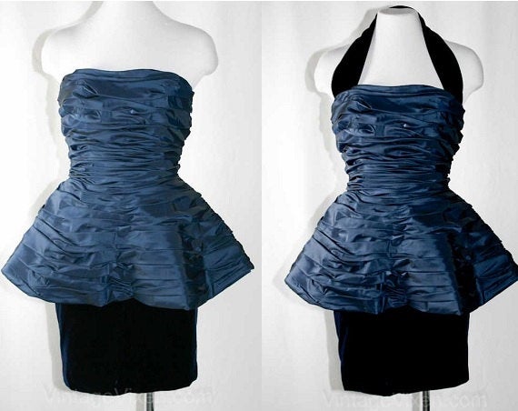 Size 6 Cocktail Dress - Blue Taffeta & Velvet Party Dress by Designer Victor Costa - Convertible Halter or Strapless - Faux 50s - Bust 35