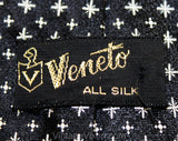 Men's 50s Skinny Tie - Starlight Black Silk Satin Brocade - 1950s Cocktail Lounge Singer Necktie with White Diamond Starburst - Rat Pack Era
