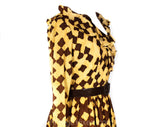 Size 10 1960s Ruffled Dress - Coffee Brown Crinkle Crepe Fit & Flare 60s Frock with Belt - Go-Go Style Ruffle Collar and Cuffs - Waist 29