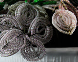 1950s French Beaded Flowers in White Milk Glass Bowl - Hand Beadwork Floral Arrangement - Spring Lavender Lilac Light Purple Green & White