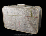 1960s Novelty Map Print Suitcase - Crafty Cute 60s 70s Large Luggage with Key - US America Canadian Border - Montana North Dakota Texas