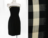 Size 8 Strapless Black Dress - 1950s Silk Chiffon & Crepe Cocktail with Gingham Ribbon Neckline - 50s Small Fitted Audrey LBD - Bust 35